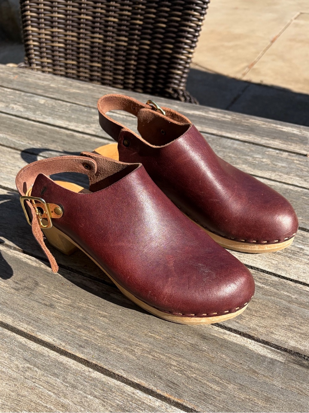 Bryr Burgundy Leather Slingback Clogs with Buckle